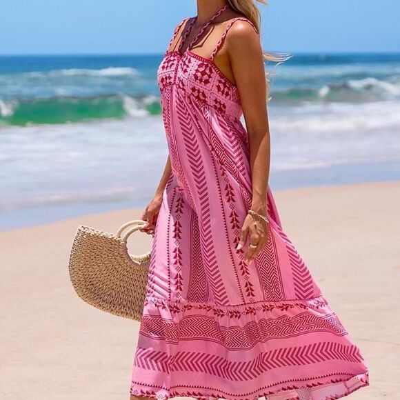 Bohemian Pink and Red Printed Maxi Dress - Picture 2 of 15